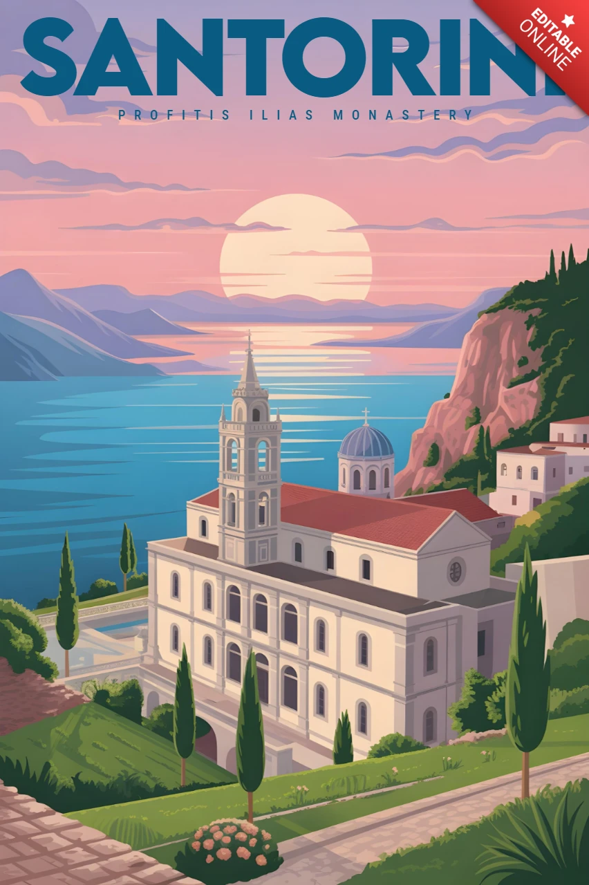 Template de design de pôsteres de viagem do mosteiro Profítis Ilías com vista para o céu do pôr do sol e o mar em Santorini.