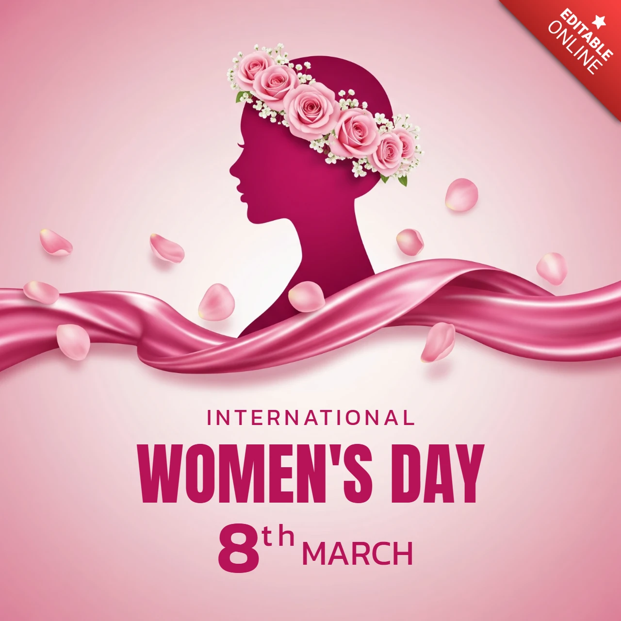 Design de cartaz do dia internacional da mulher com silhueta de mulher, coroa de rosas e fita fluindo.