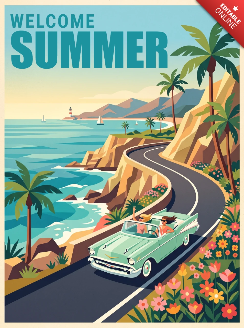 Retro Summer Vacation Poster Featuring Convertible Car, Coastal Road, Palm Trees, Ocean Horizon, Sailboats, Lighthouse and Nostalgic Tropical Travel Atmosphere