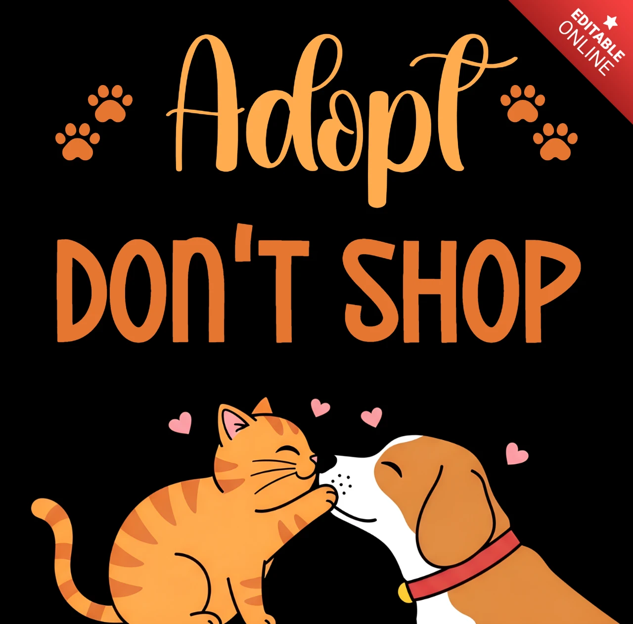 Adoptez notre modèle de design pour affiche d'adoption d'animaux avec une illustration de chat et de chien mignons.