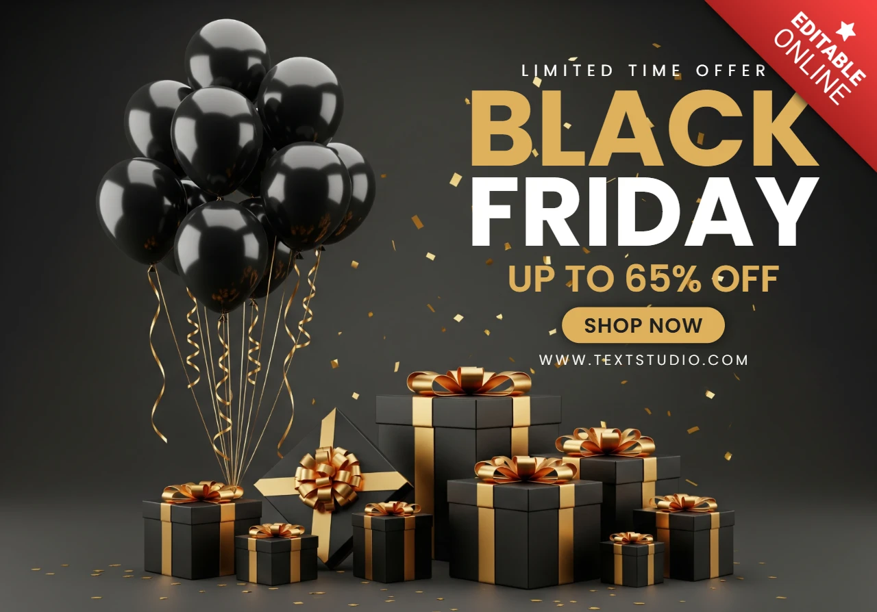 Elegant Black Friday Sale Design Dark Festive Layout with Gold Balloons and Ribboned Gift Boxes Template for Promotional Flyers