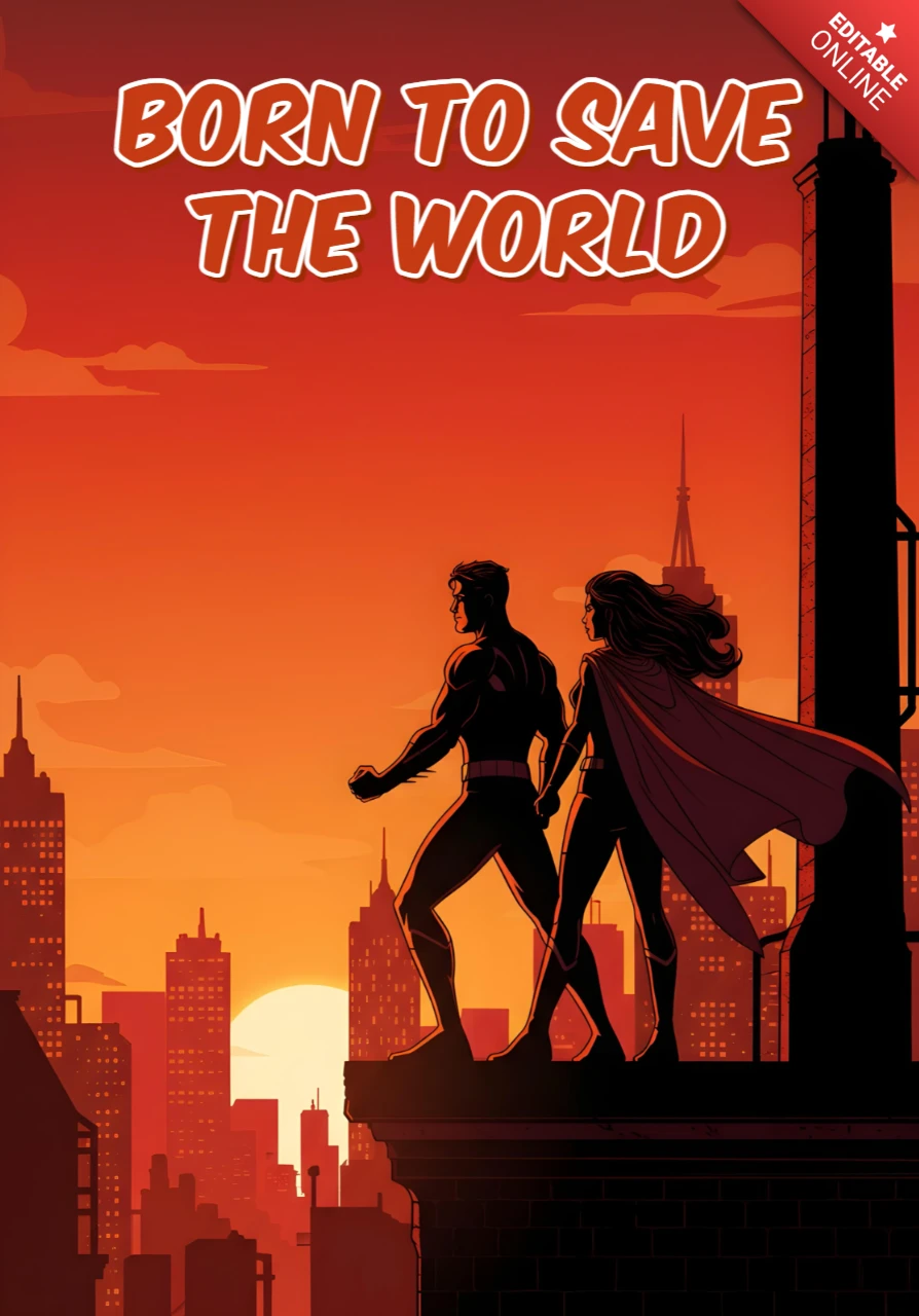 Comic Style Rooftop Silhouetted Duo with Flowing Cape & City Lights Poster Design Template