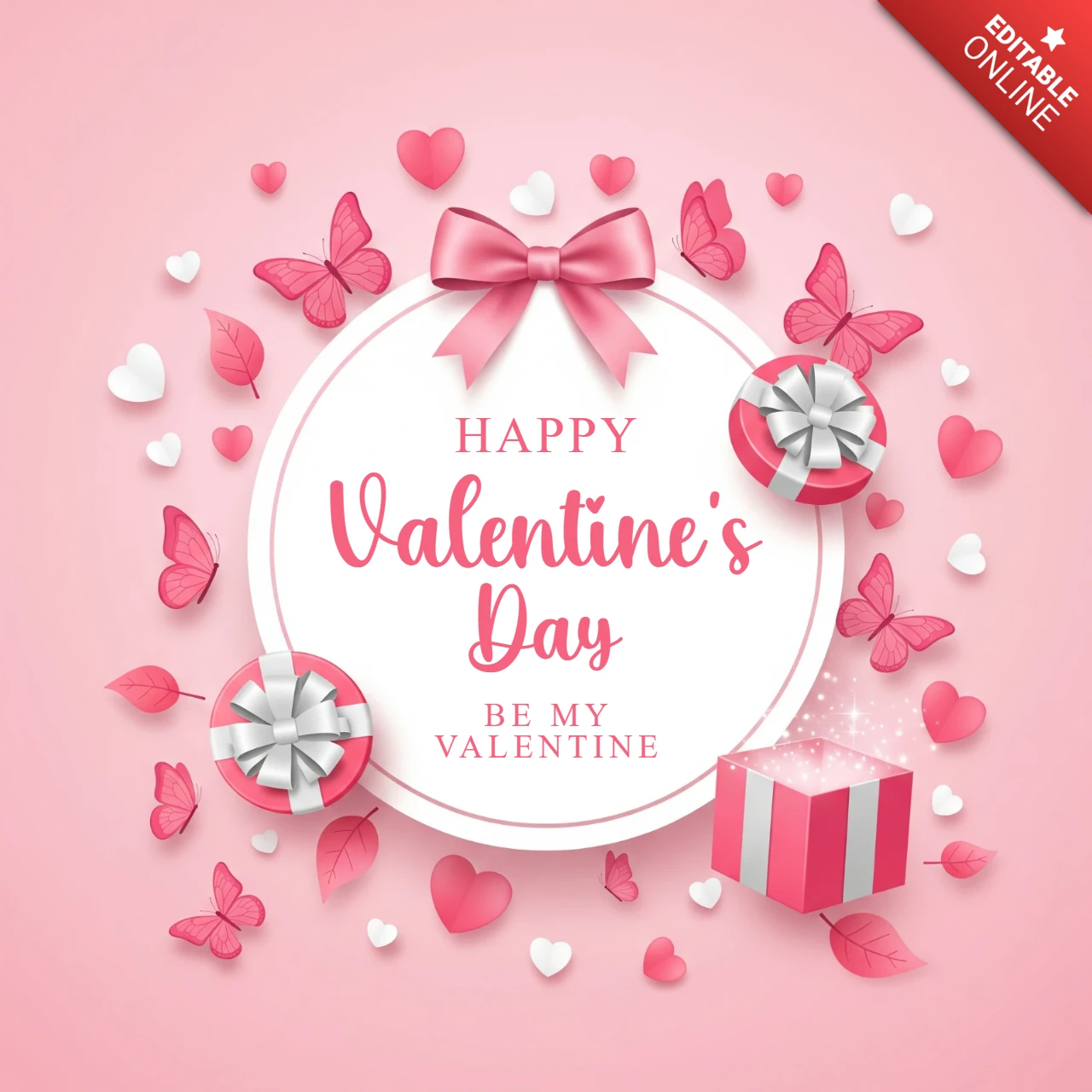 Affiche de la Saint-Valentin thème rose doux avec des papillons, des cœurs et des décorations de cadeaux scintillantes.