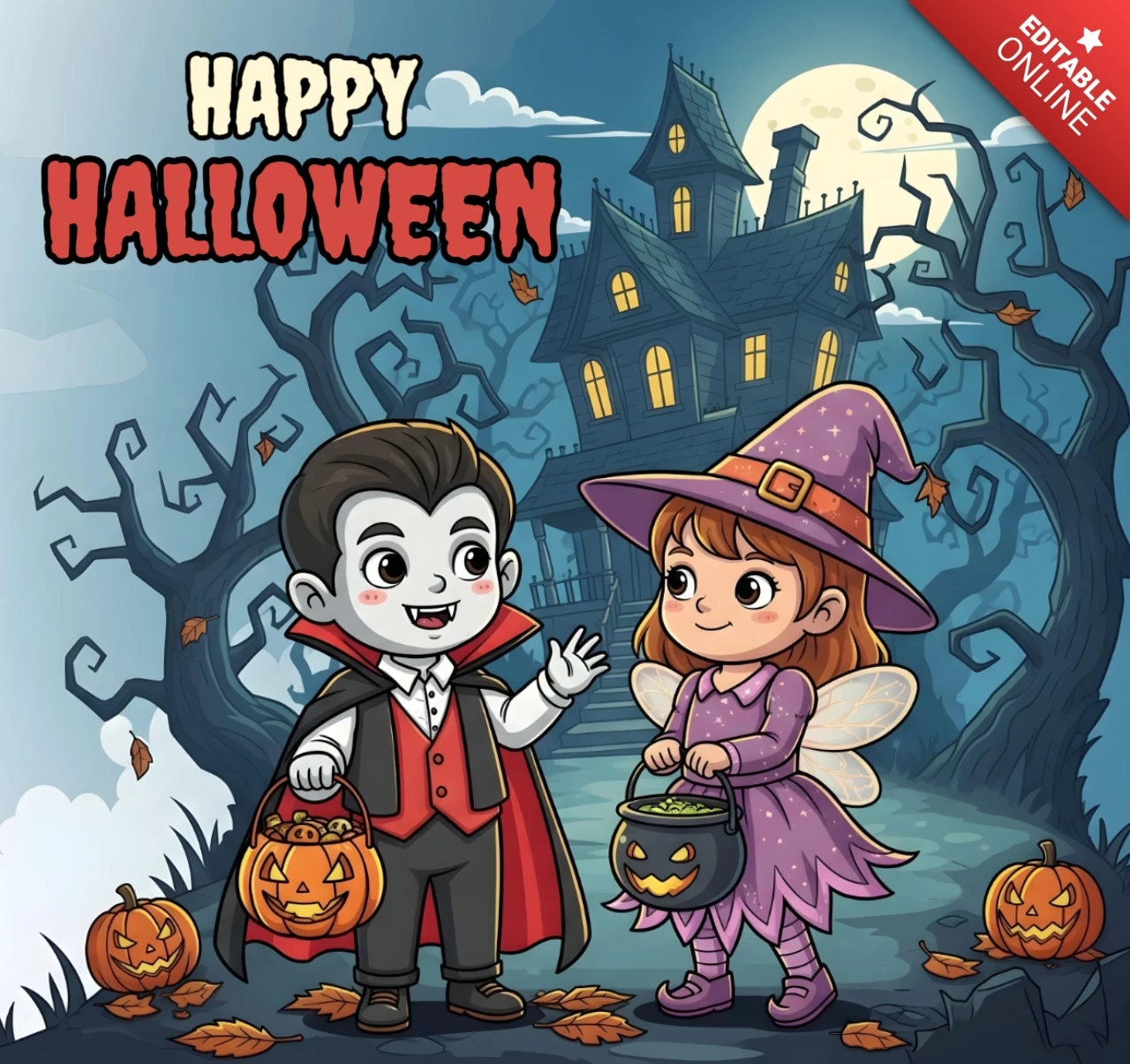 Haunted House Backdrop with Costumed Kids, Full Moon & Festive Pumpkins Halloween Party Decor Design Template for Festive Flyers