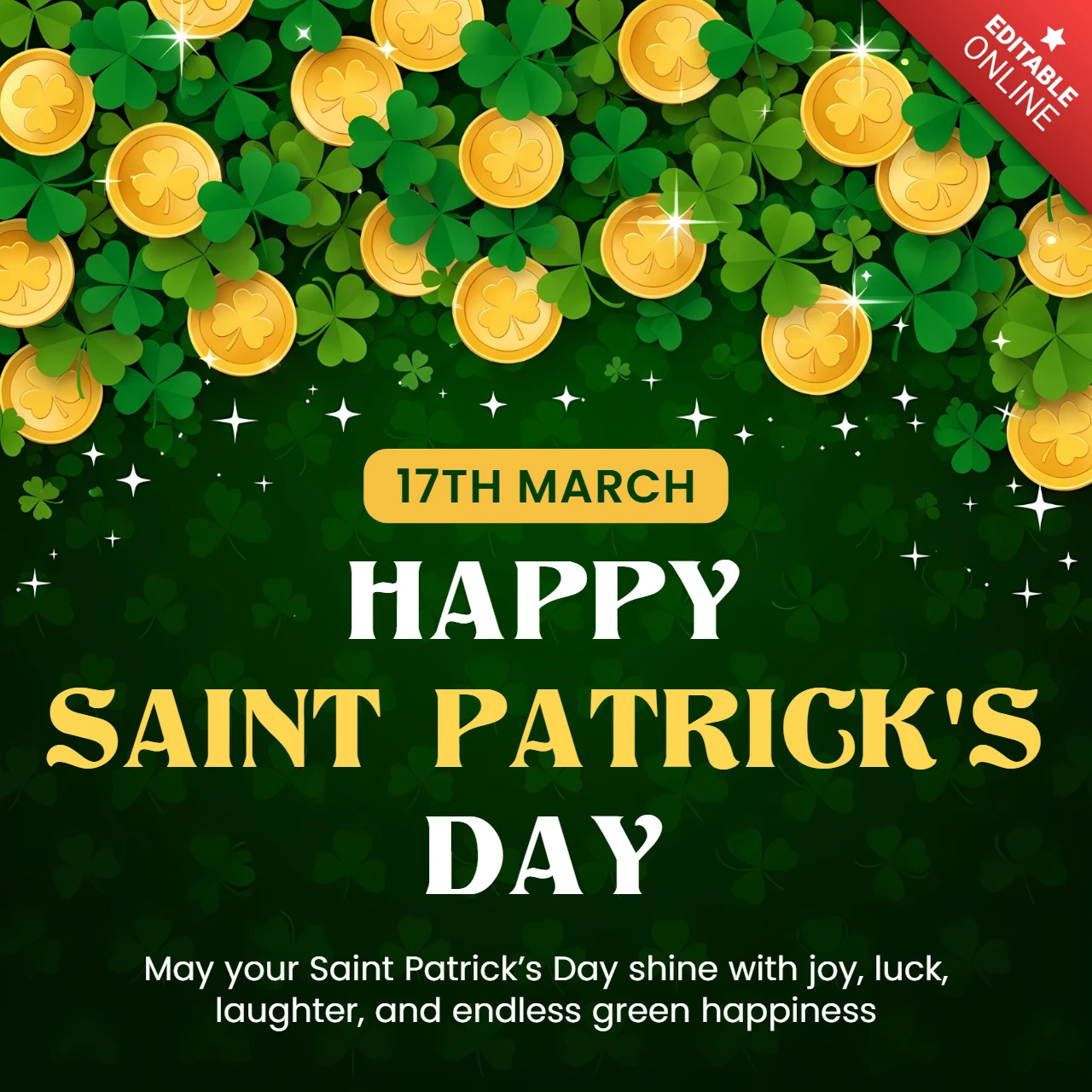 Plantilla de celebración del Día de San Patricio con diseño de tréboles y monedas de oro para tarjetas de felicitación.