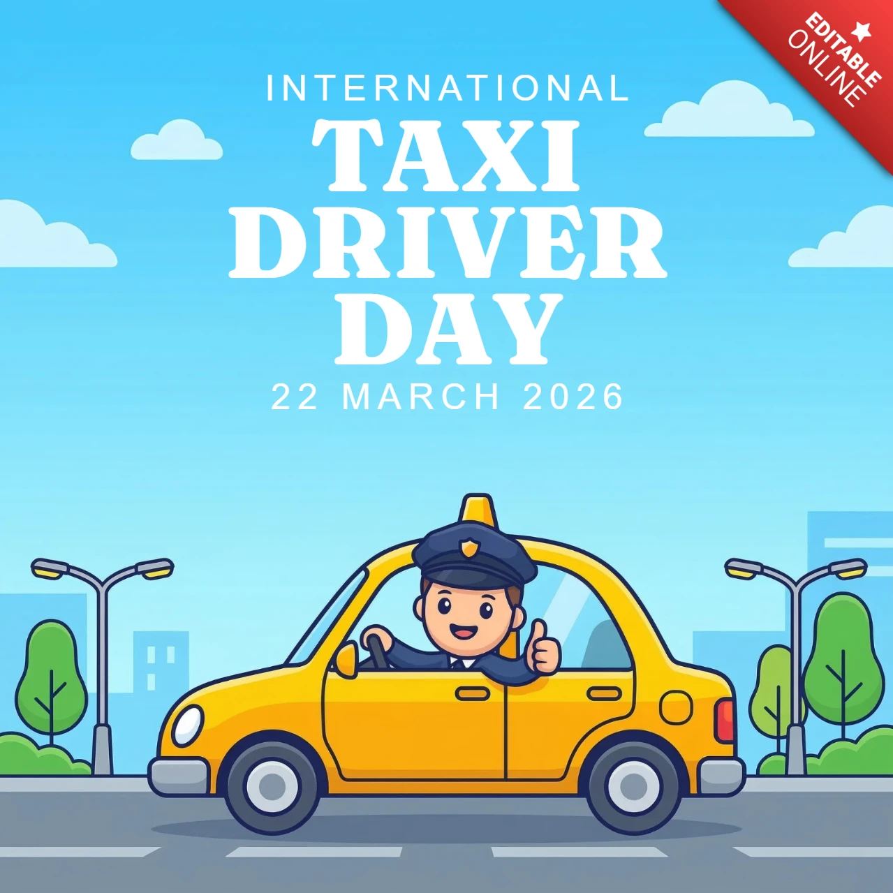 Dia internacional do motorista de táxi 2026, motorista fazendo sinal de positivo em design de táxi promovendo a conscientização sobre transporte.