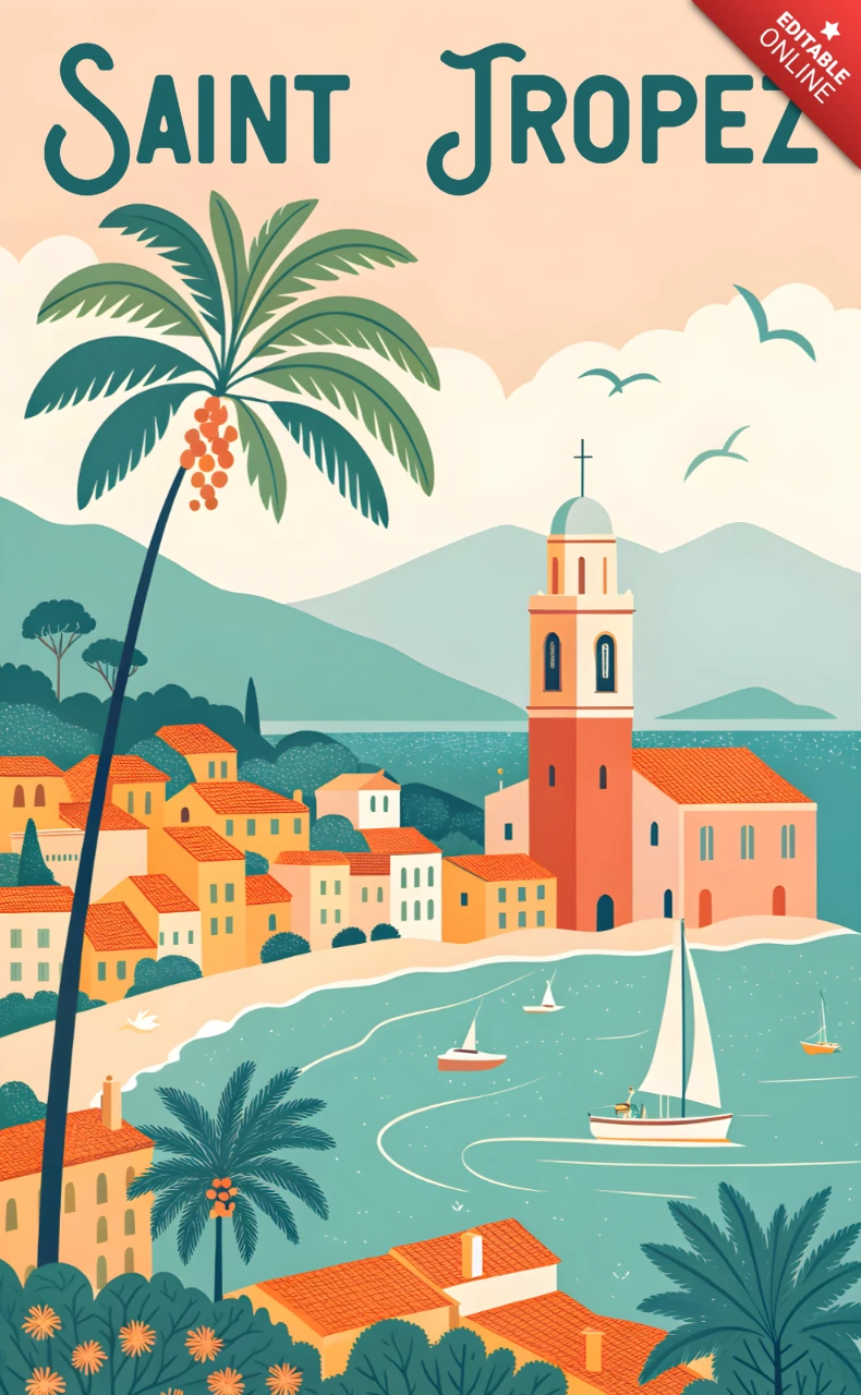 Saint Tropez Tropical Design Template for Retro Flat Travel Posters