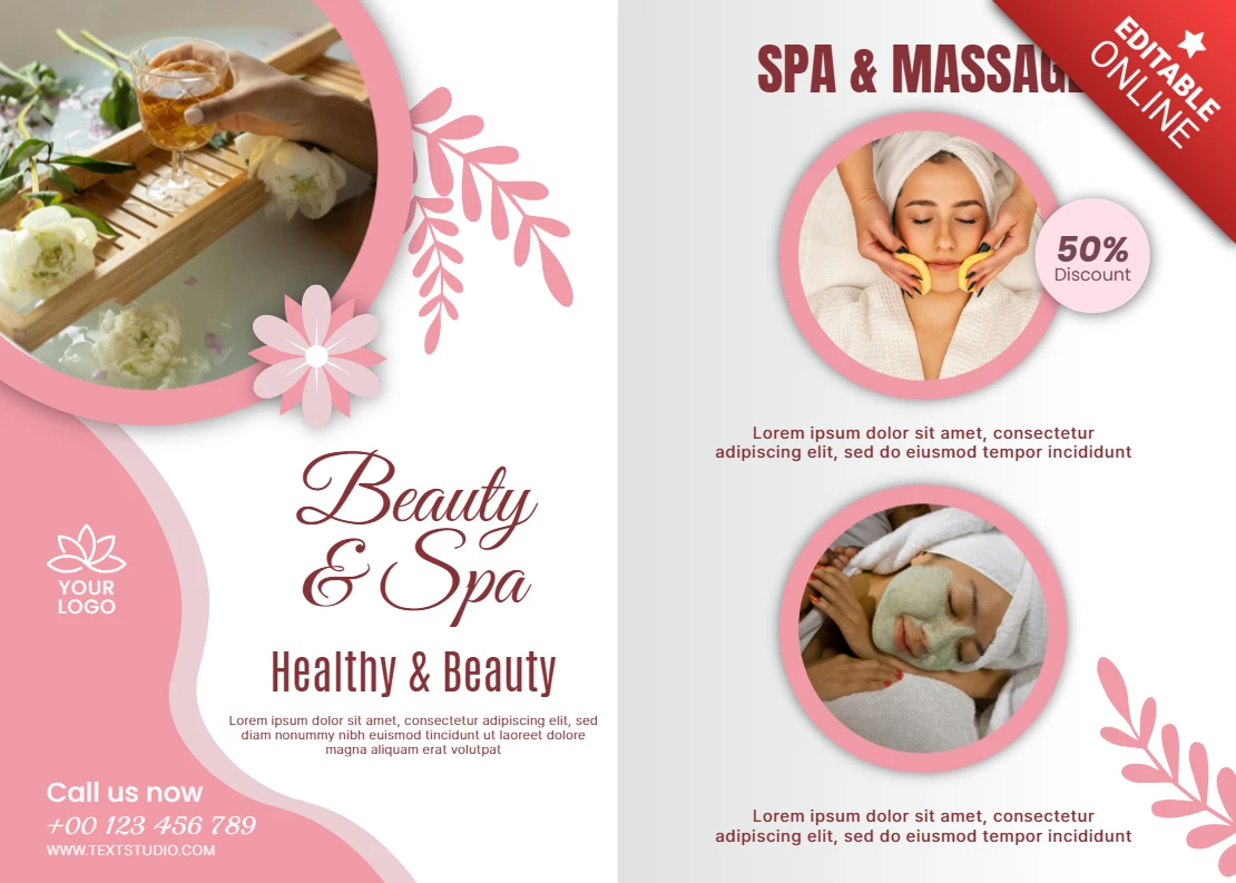 Plantilla de folleto elegante de spa y masajes con diseño floral para servicios de belleza