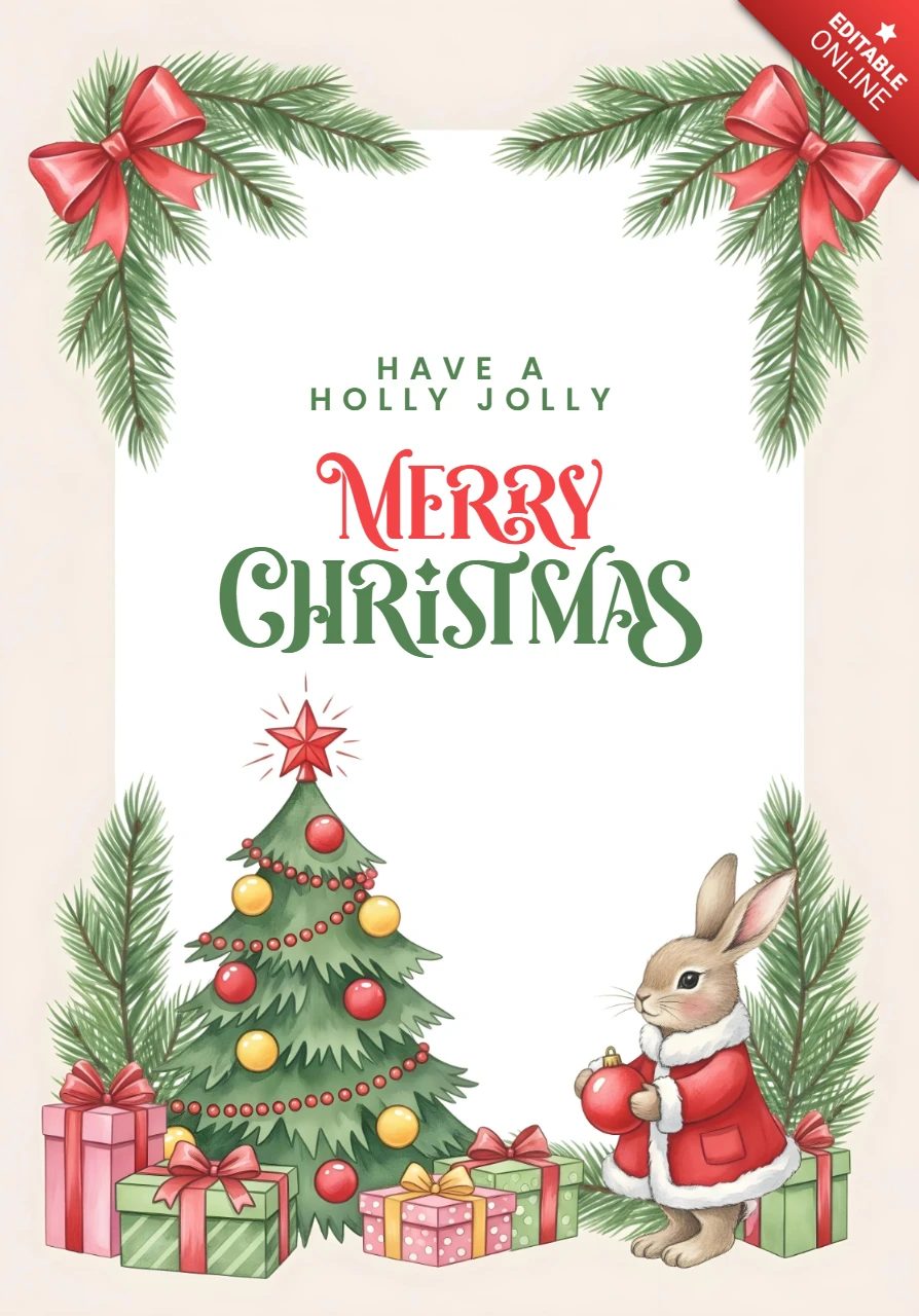 Frohe Weihnachten Karte mit einem Hasen und einer Baum-Szene, roten und gelben Ornamenten sowie festlichen Randakzenten Designvorlage