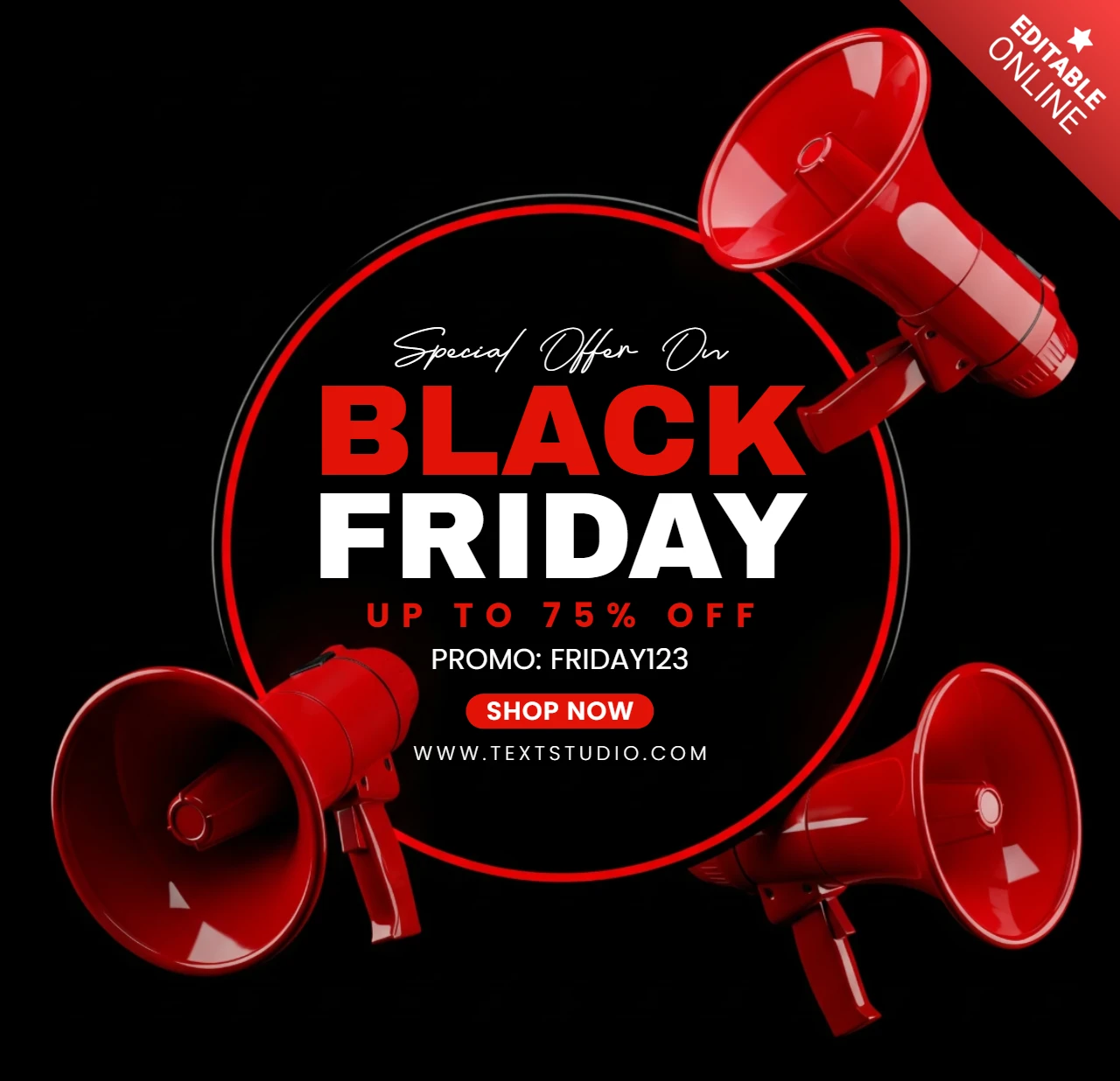 Affiche élégante de Black Friday, centre circulaire entouré de mégaphones et d'éléments promotionnels, modèle de design de vente pour la promotion.
