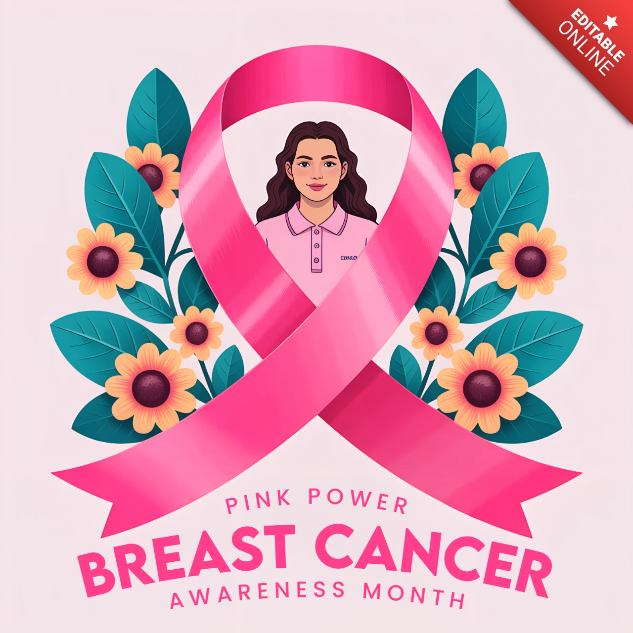 Template di design per il mese della consapevolezza sul cancro al seno con nastro rosa ed elementi floreali per manifesti.
