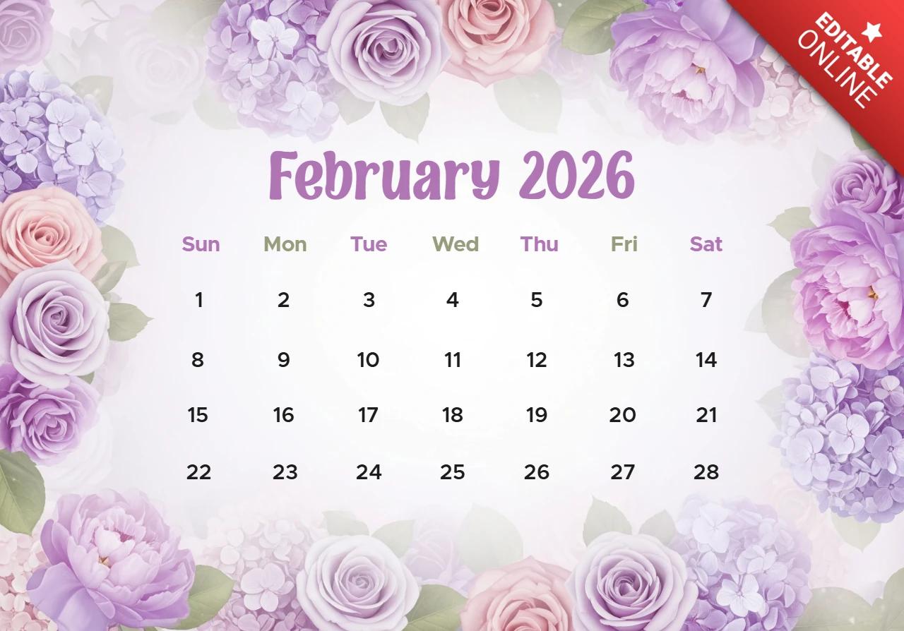 Lavender Rose & Hydrangea Design with Sparkling Valentine Glow February 2026 Calendar Poster