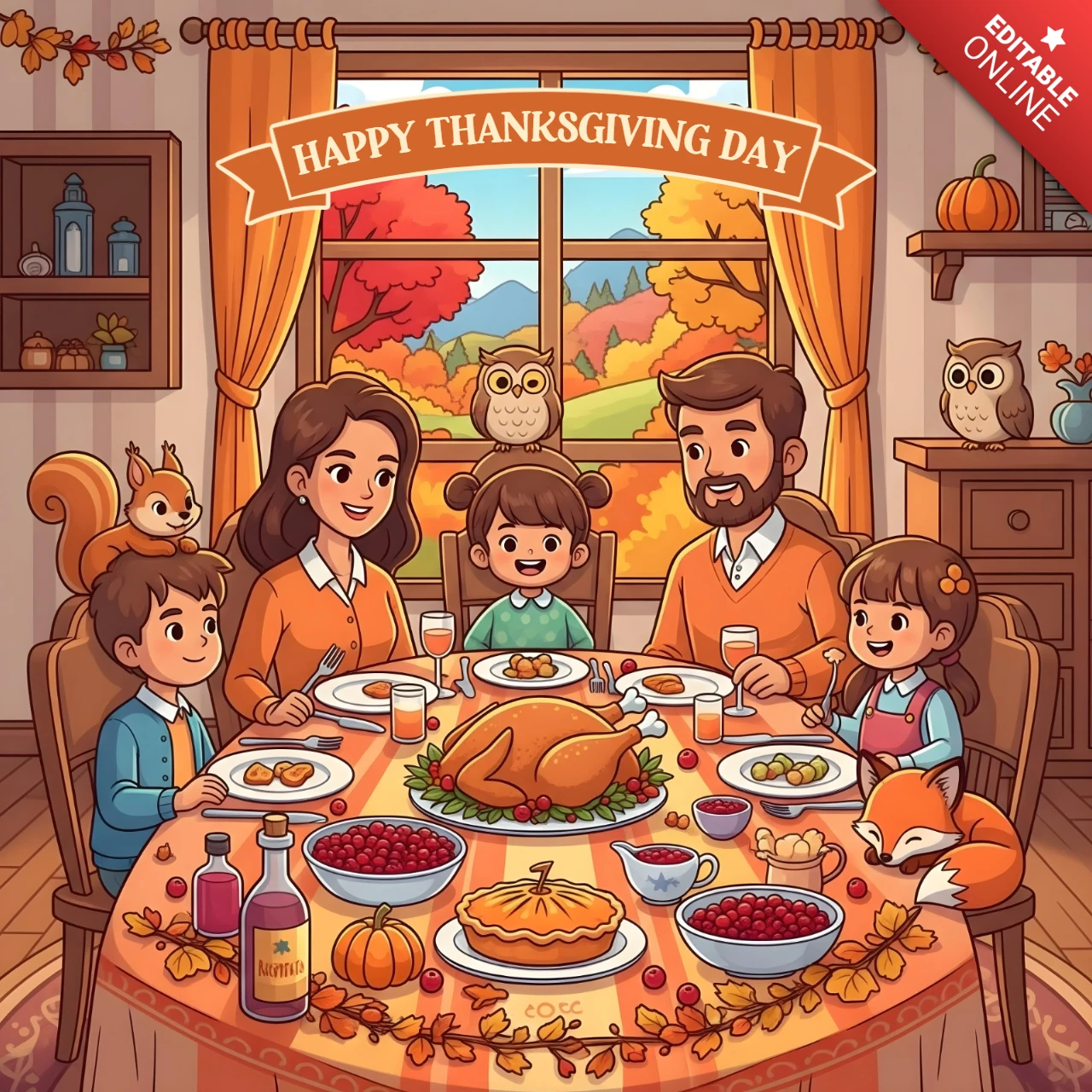 Cartoon-Familienfest mit Fuchs-Gast und herbstlicher Bergansicht Erntedanktag-Kartenbanner-Designvorlage