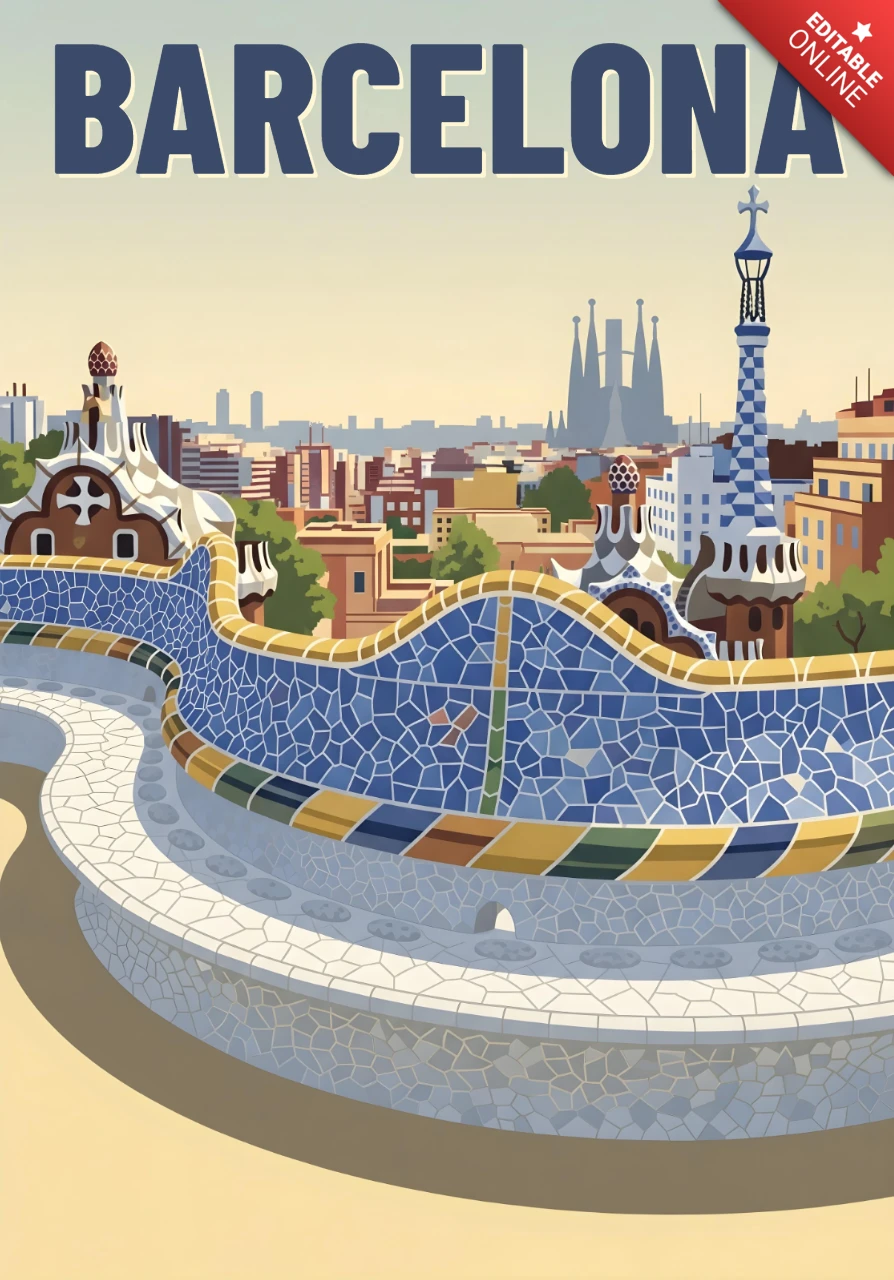 Barcelona Park Güell Mosaikbank & Sagrada Família Skyline Reiseposter Designvorlage