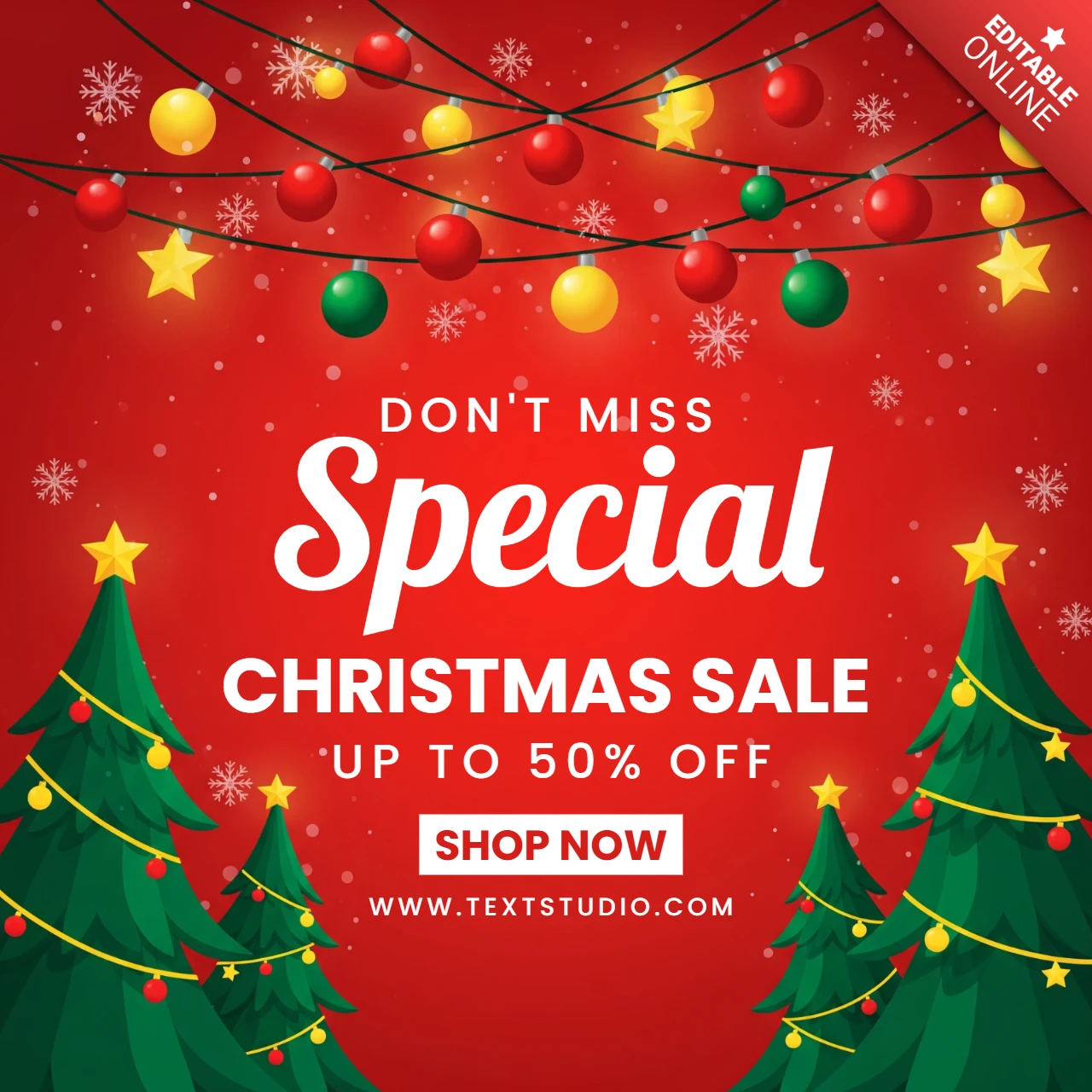 Cartel de venta navideña con diseño festivo, luces de cadena, copos de nieve y árboles de holiday decorados.
