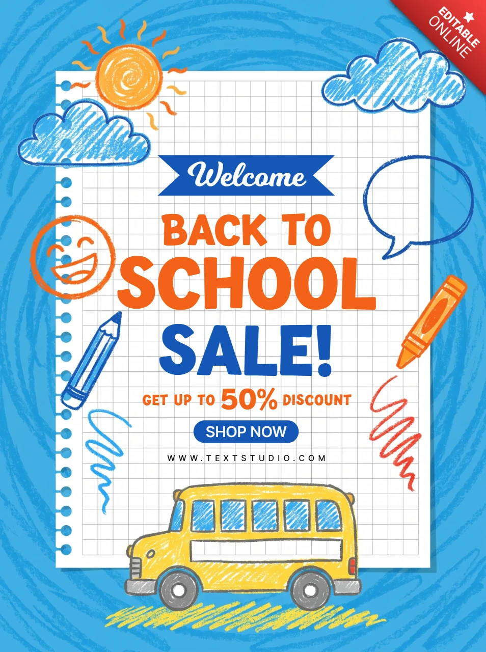 Colorful back to school sale poster with a yellow school bus and doodles