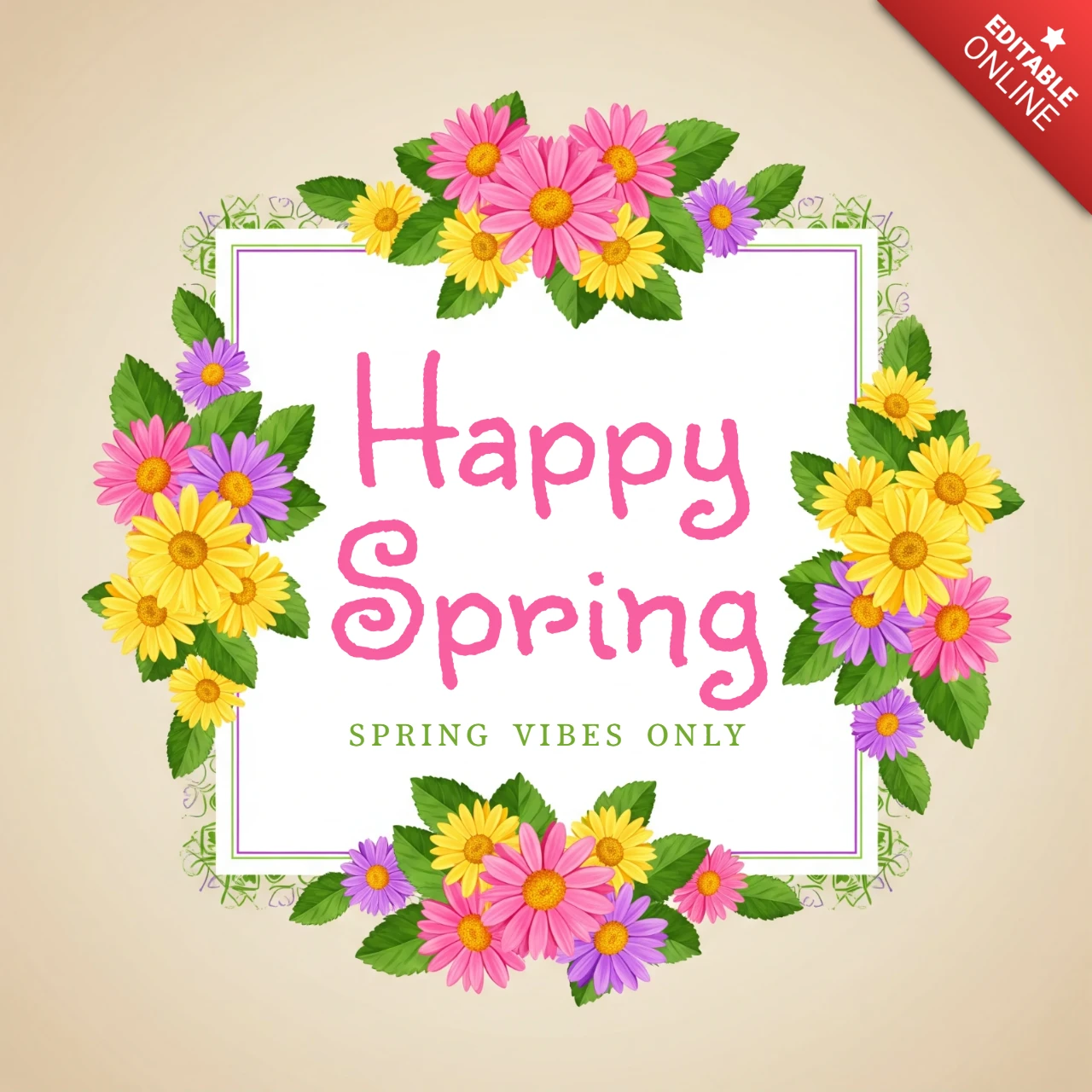 Plantilla de diseño de cartel de primavera feliz con flores decorativas, tipografía verde y mensaje festivo de temporada.