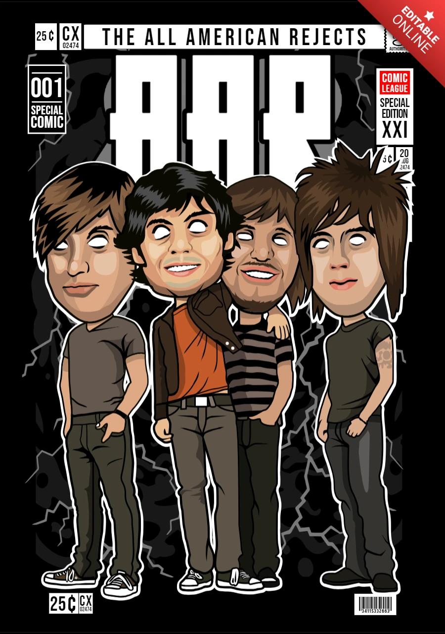 All american rejects personaje de dibujos animados plantilla de diseño de portada de revista