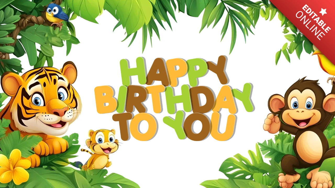 Cartoon Jungle Animals Happy Birthday Card Design Template