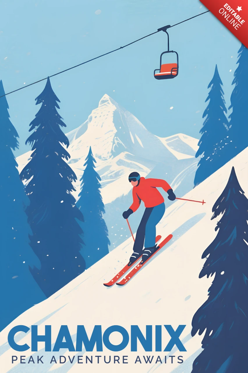 Design del poster per avventura sciistica a Chamonix in stile retro