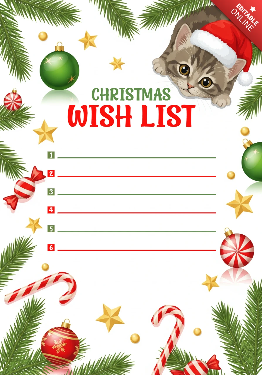 Christmas Wish List Template Festive Design with Santa Hat Kitten, Ornaments, Candy Canes, and Pine Branches