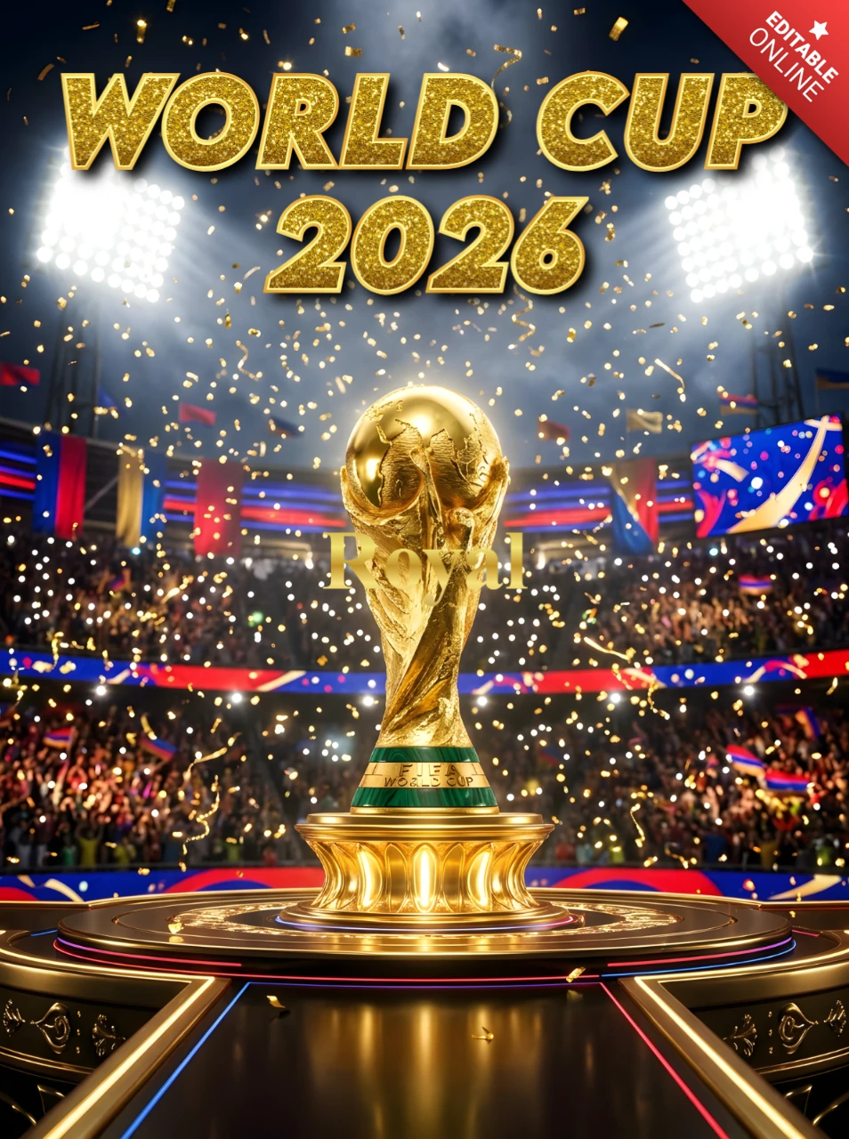 Pôster do torneio final da Copa do Mundo FIFA 2026 com troféu dourado, torcida no estádio e confete de celebração