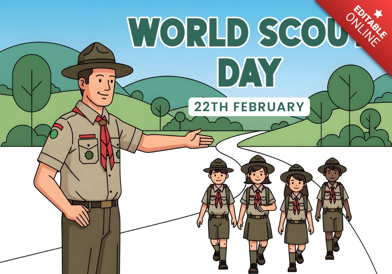 Wereldscoutsdag viering sjabloon met cartoon scouts ontwerp voor posters