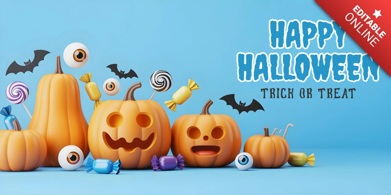 Joyeux Halloween, citrouilles festives, mélange de bonbons boo et modèle de couverture YouTube sur le thème bleu ludique.