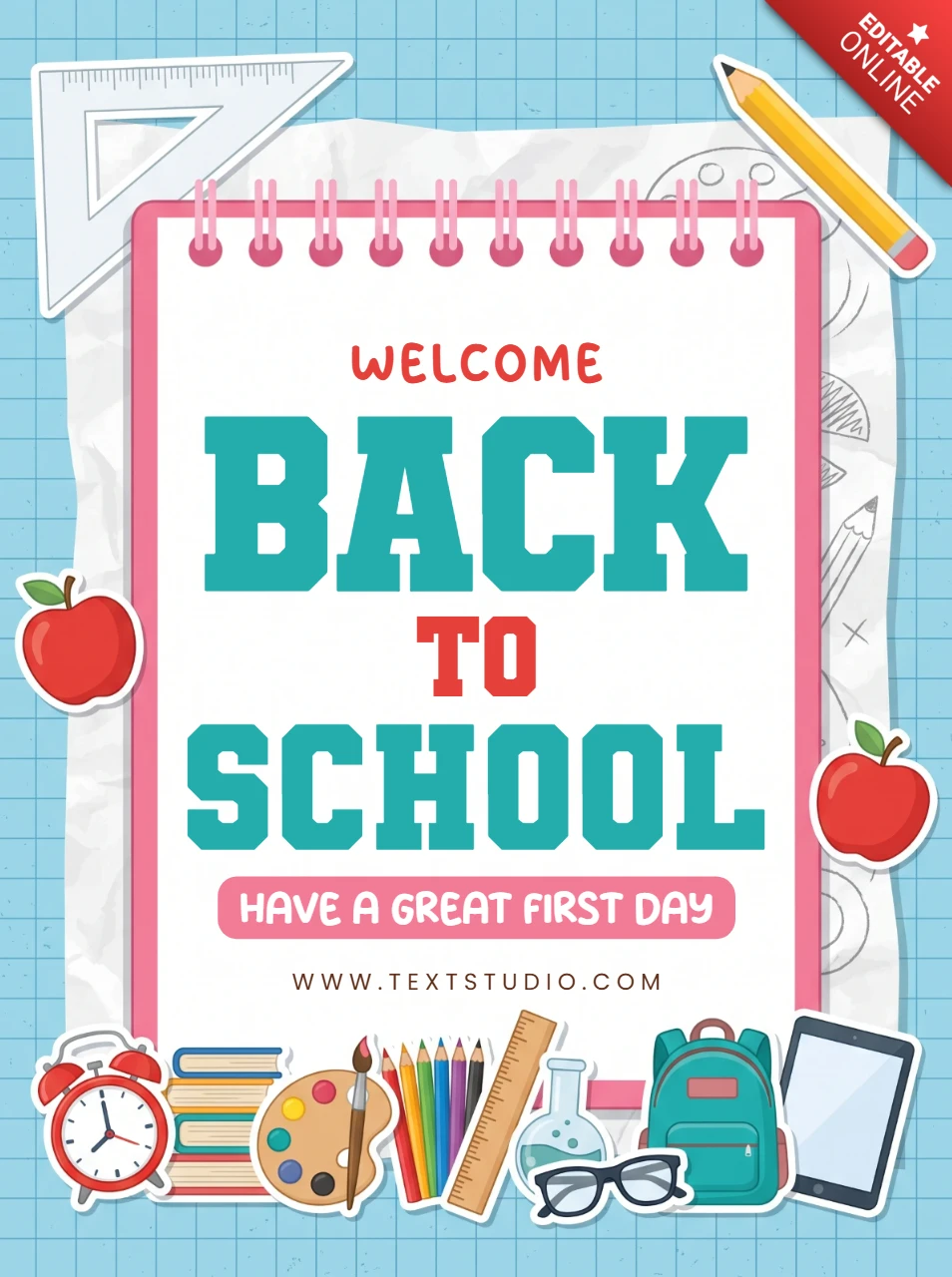 Colorful back to school poster design with a spiral notebook and various educational supplies
