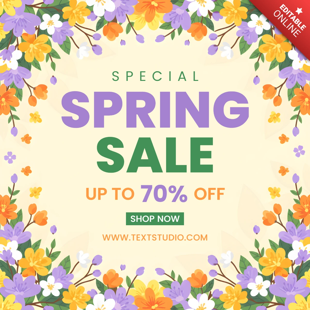 Spring Promotion Poster with Decorative Flowers, Green Button, and Festive Typography