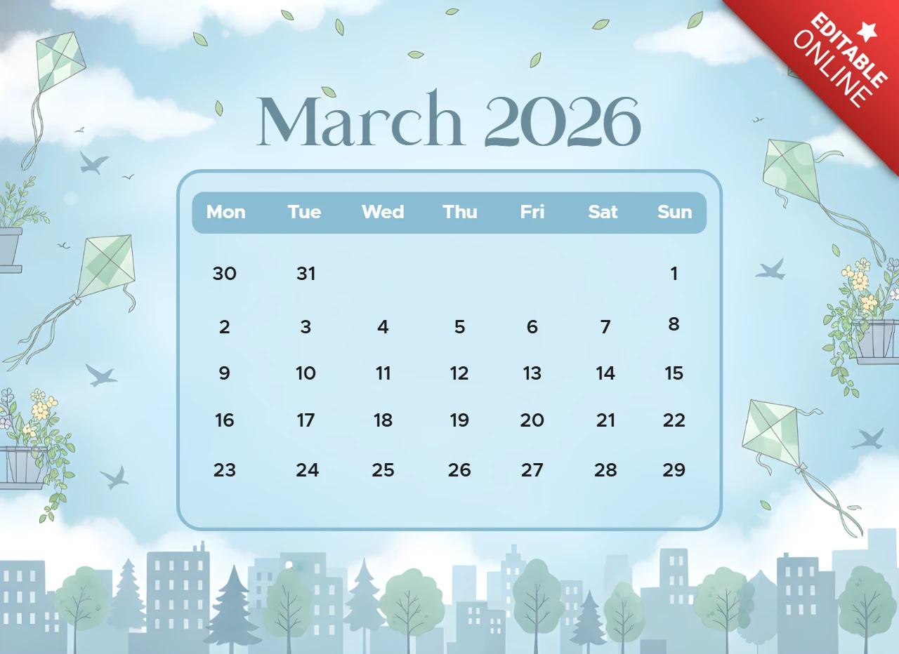 Spring Decorative March 2026 Calendar Poster with Cityscape, Trees, and Festive Theme