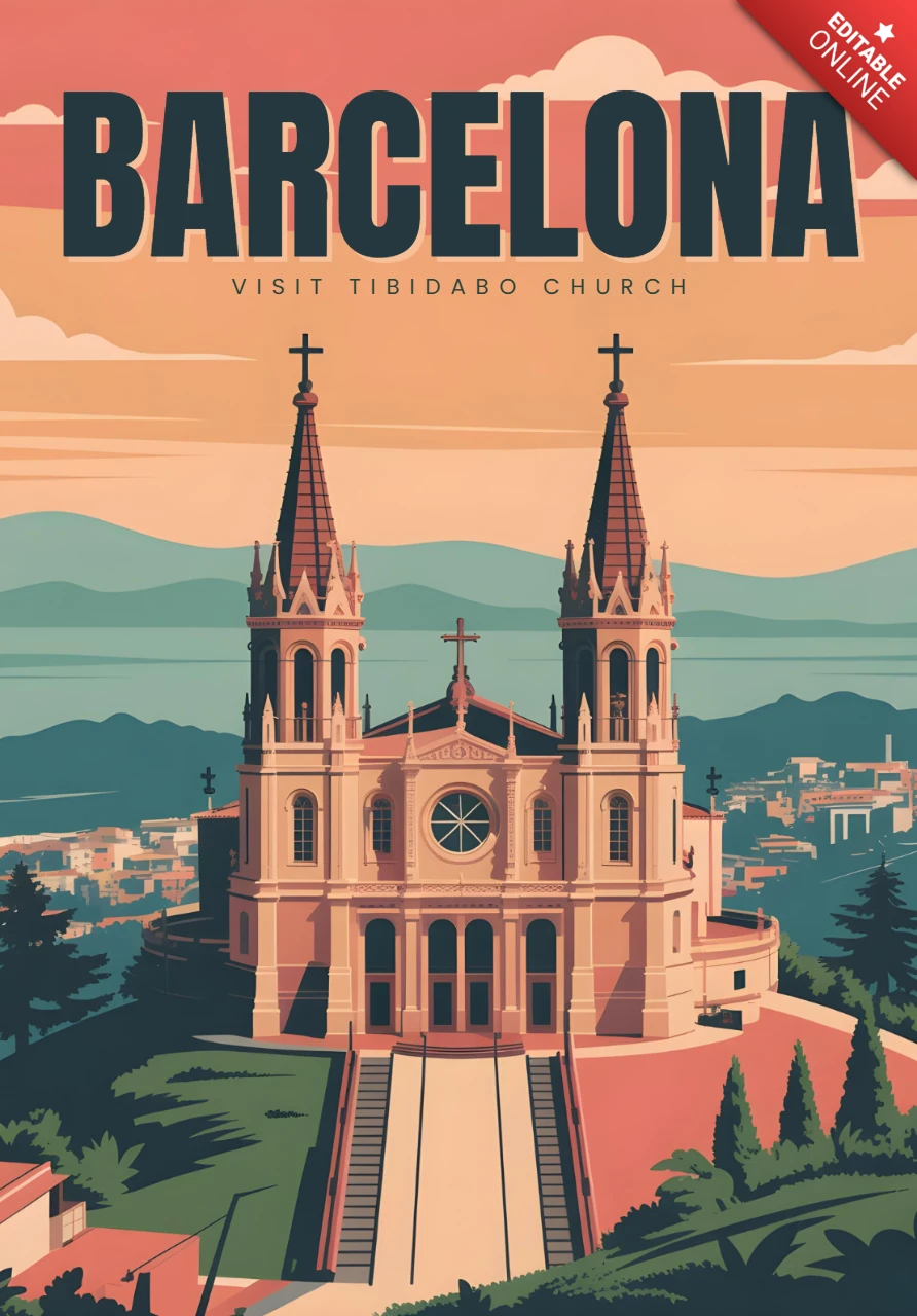 Barcelona Tibidabo Kirche malerische Bergansicht & historische Architektur Reiseposter Designvorlage