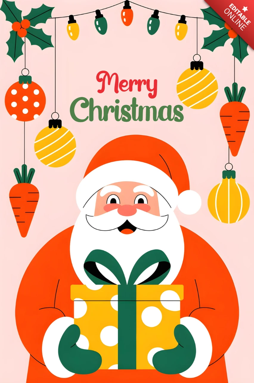メリークリスマスのグリーティングカード、サンタのイラストと吊るされた装飾、ヒイラギのベリー、そして楽しいデザインテンプレート