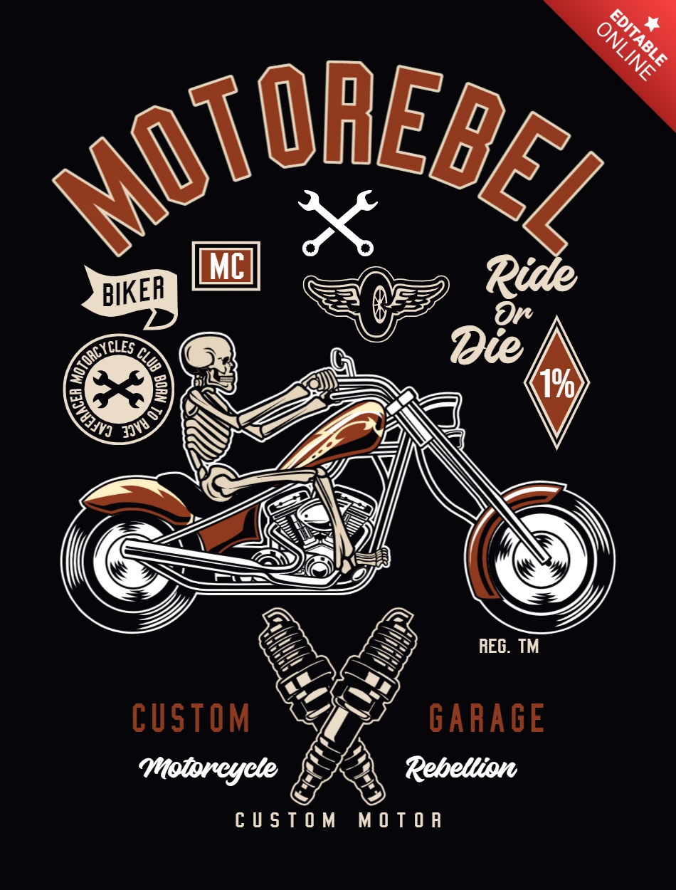 Modelo de design de camiseta de motociclista rebelde esqueleto