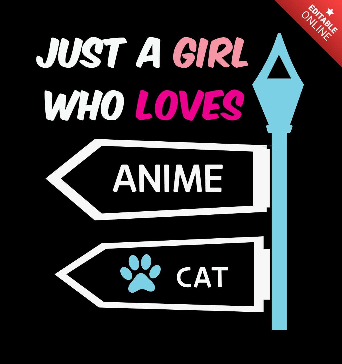 Sadece anime ve kedi seven bir kız tişört tasarım şablonu