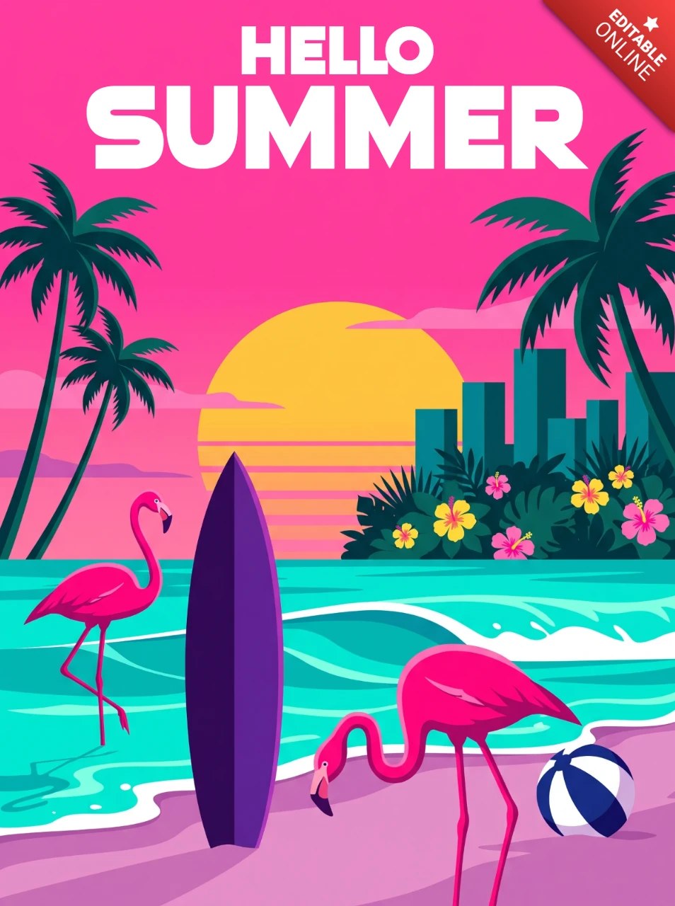 Witaj letni tropikalny plakat plażowy z flamingami, różowo-fioletowym zachodem słońca, palmami, deską surfingową i radosną wakacyjną atmosferą
