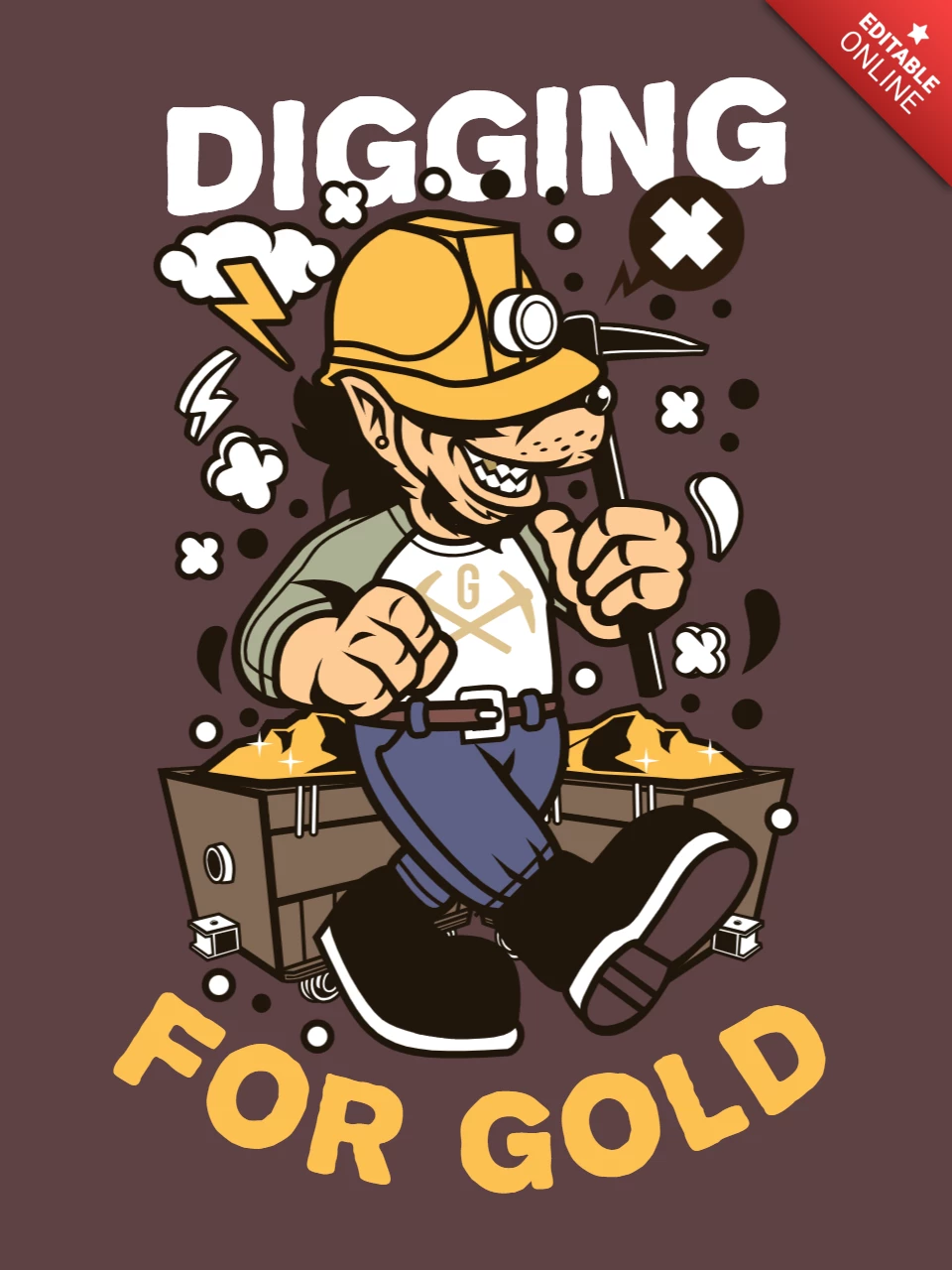 Plantilla de diseño de camiseta de personaje de dibujos animados de lobo minero de oro