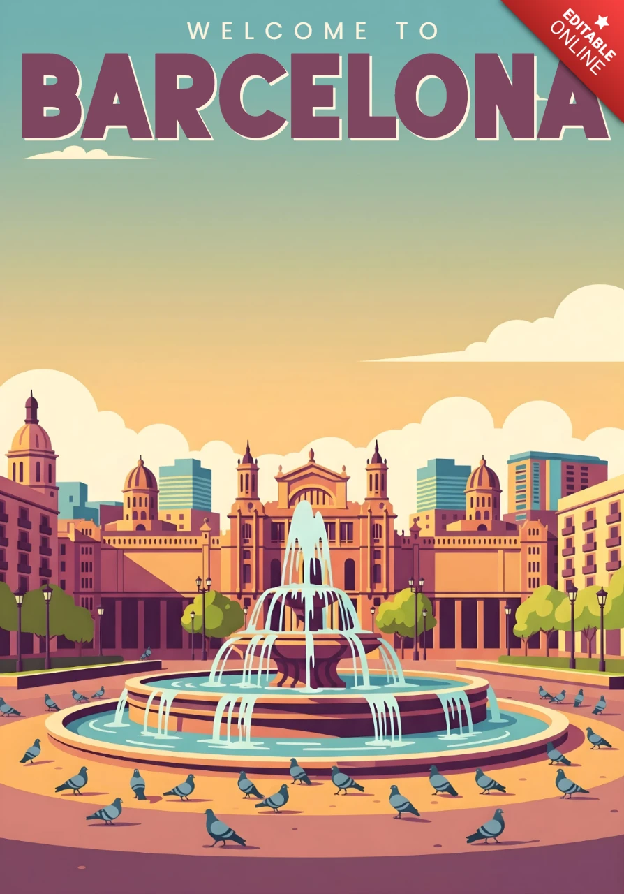 Barcelona Travel Art Grand Plaza, Pigeons & Sunset Sky Travel Posters Design Template