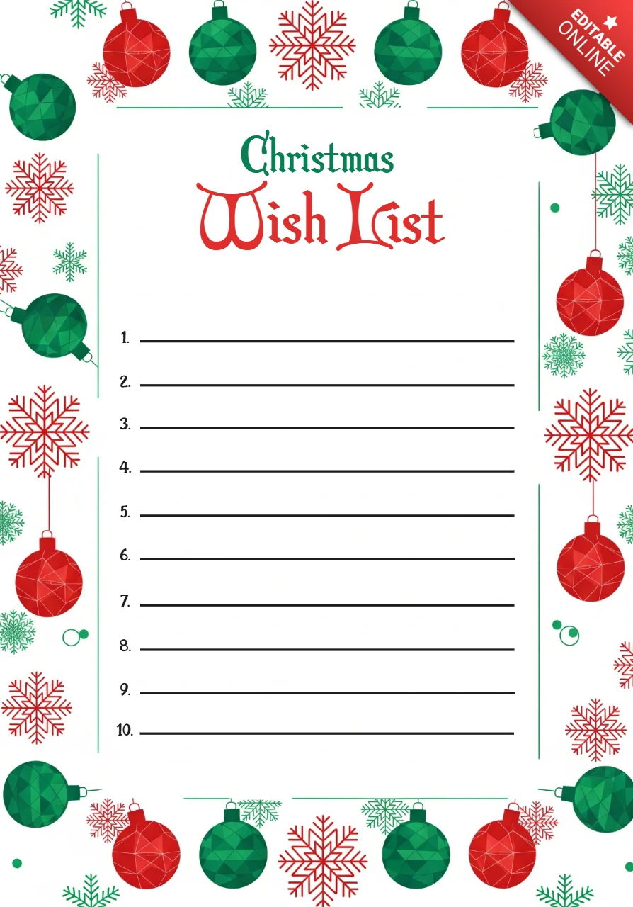 Modello di lista dei desideri per la cancelleria natalizia con ornamenti decorativi e icone festive per bambini e famiglie