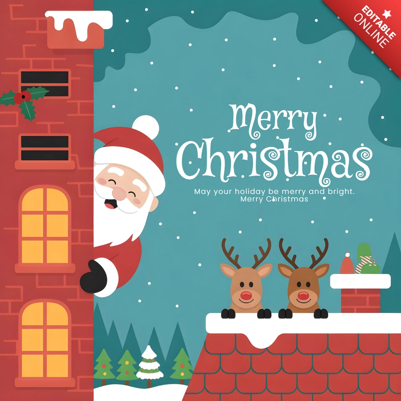 Tarjeta de Navidad con Santa asomándose por la chimenea y renos en un tejado nevado bajo un cielo estrellado, plantilla de diseño.