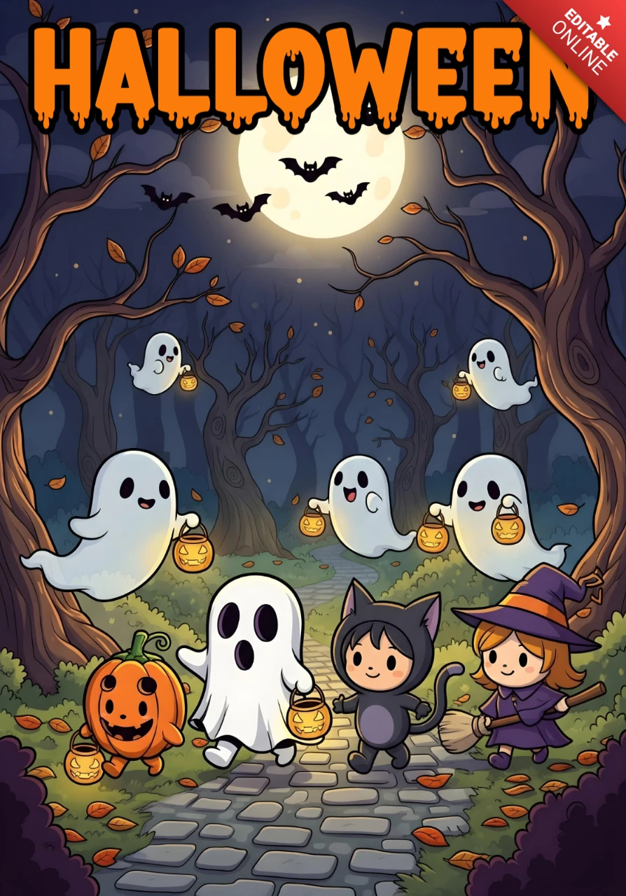 Halloween Kids Illustration Cobblestone Path with Classic Costumes, Floating Ghosts & Glowing Pumpkins Design Template for Festive Flyers