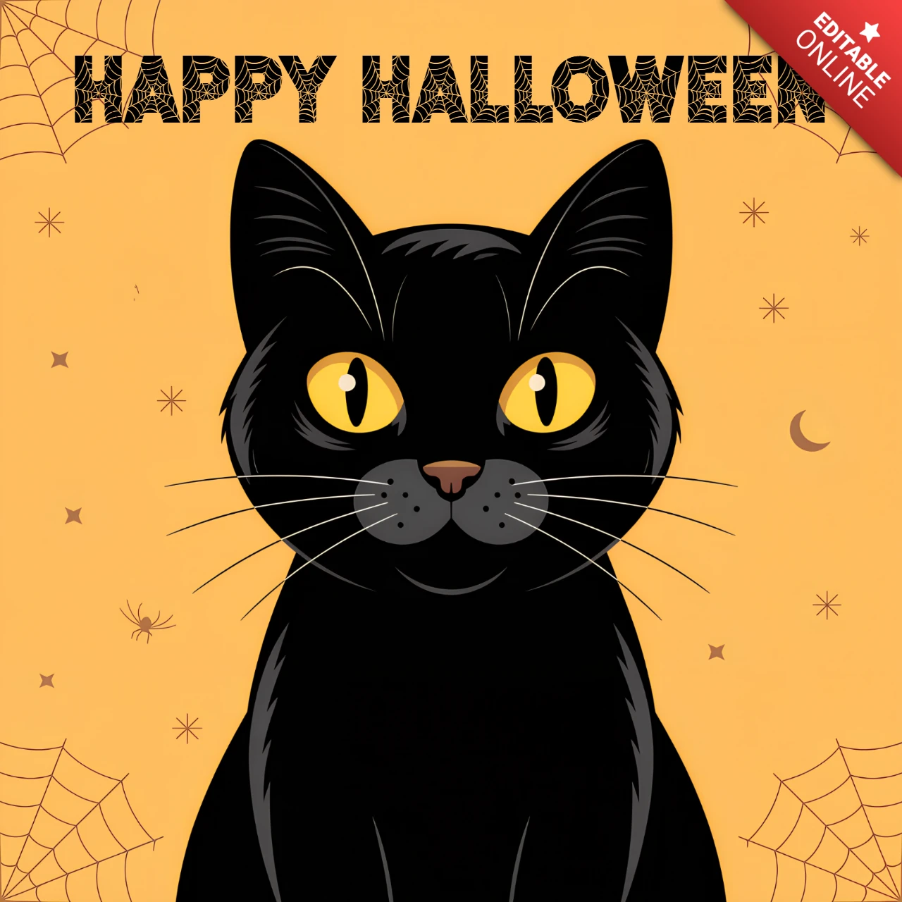 Design de gato preto de Halloween para cartões de saudação e template de merchandising