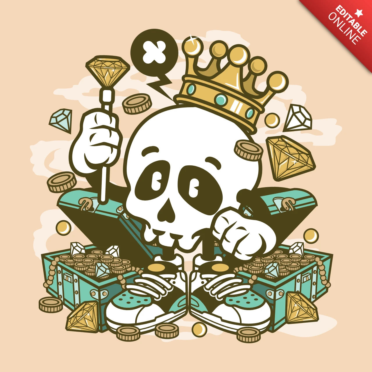 Skull Crown Cartoon Character T-shirt Design Template