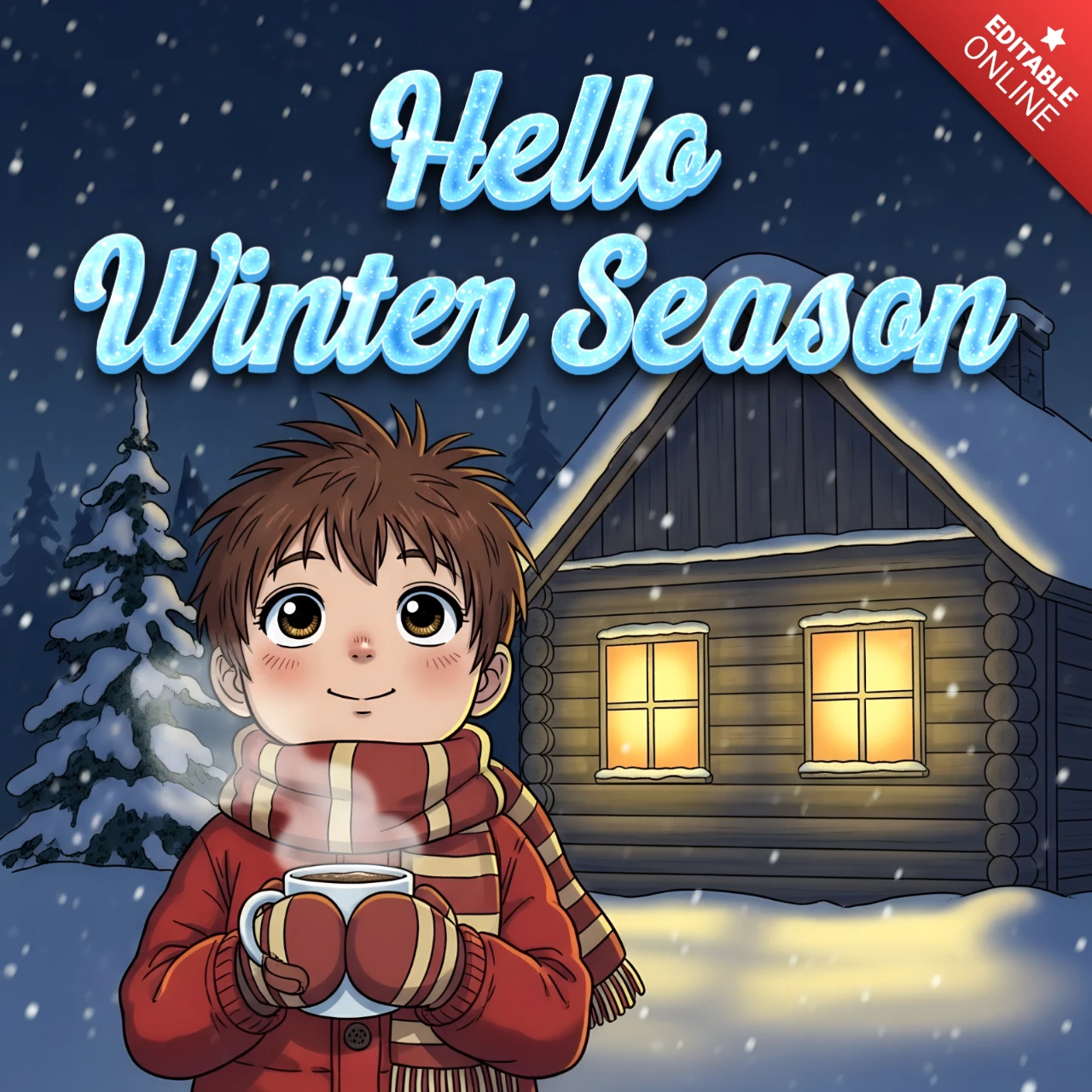 Winter Season Design Template Featuring Cozy Boy with Hot Drink for Greeting Card