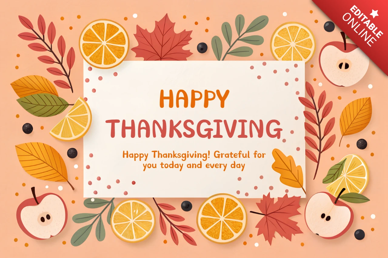 Thanksgiving Floral Design Template for Greeting Cards with Autumn Leaves and Fruits
