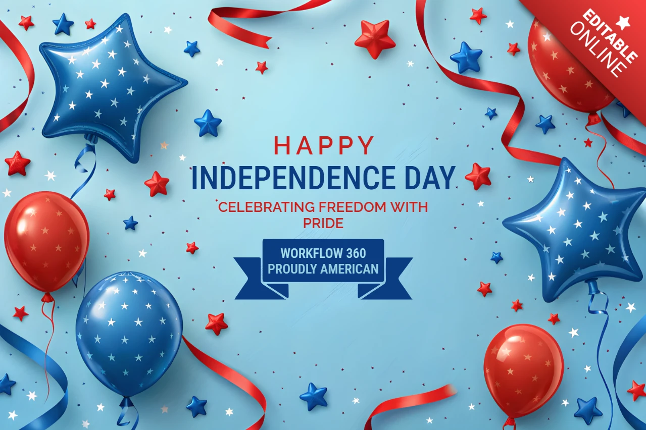 Template de design para celebração do dia da independência com balões e estrelas em 3D.