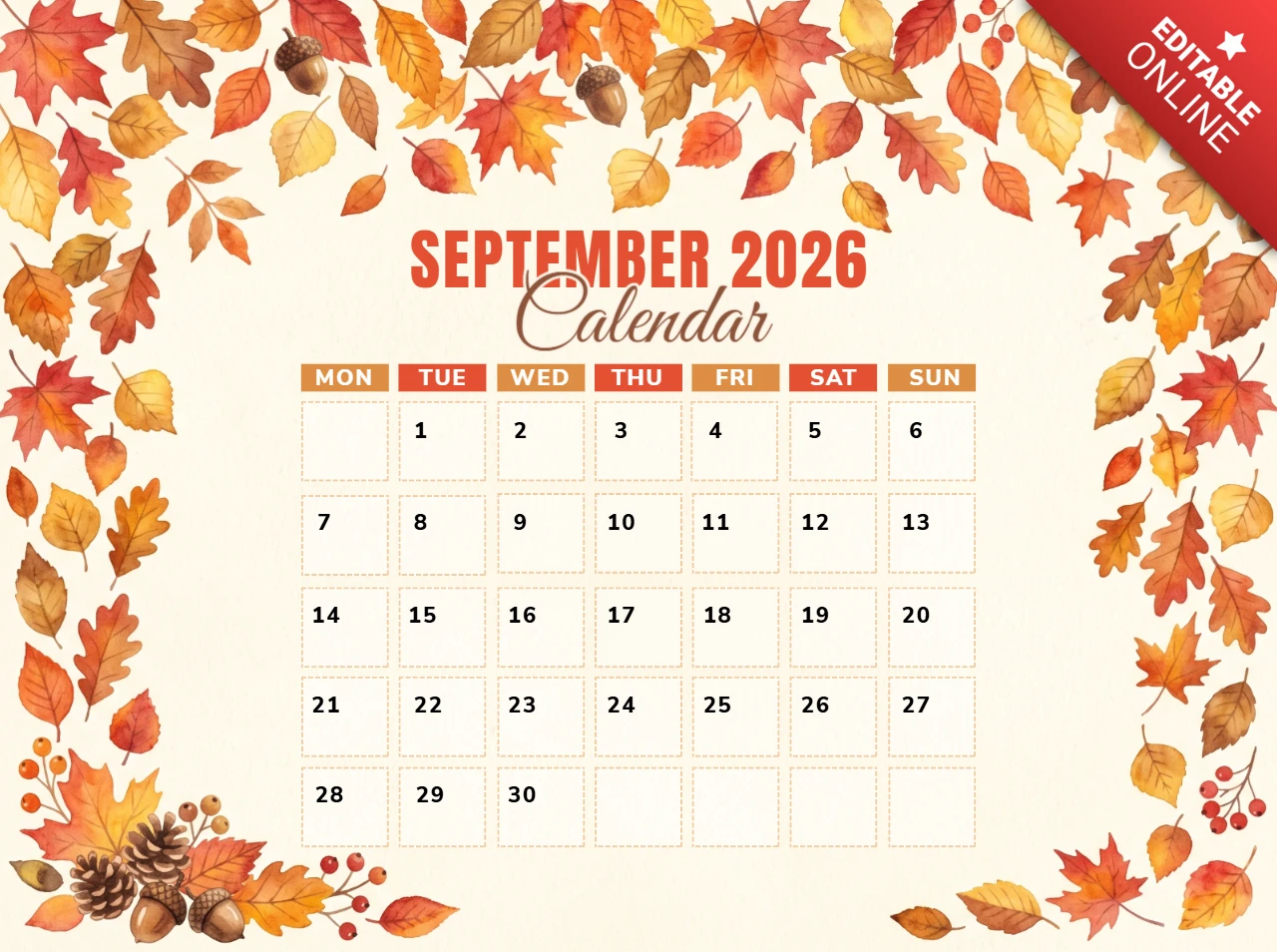September 2026 calendar page decorated with colorful autumn leaves and pine cones
