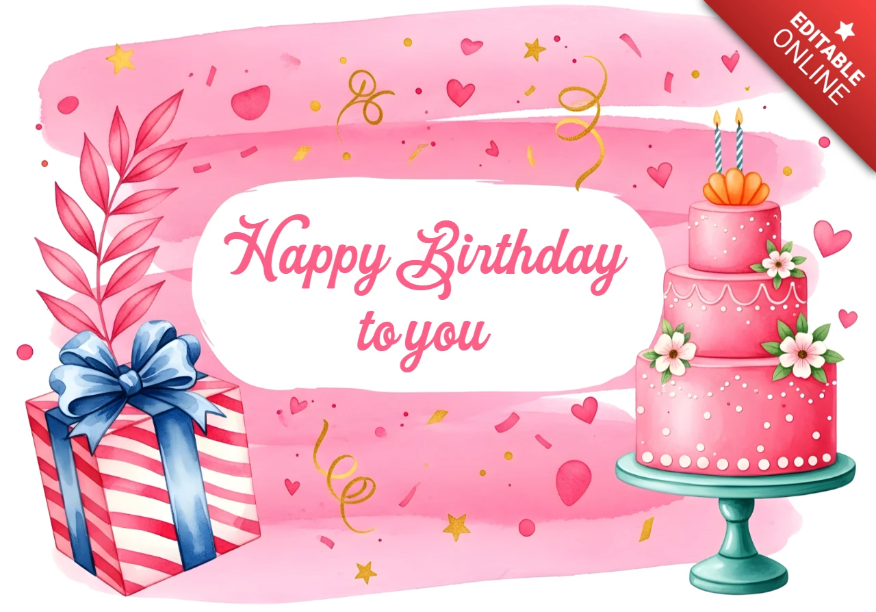 Template de celebração de aniversário com design de bolo e presente para cartões de saudação