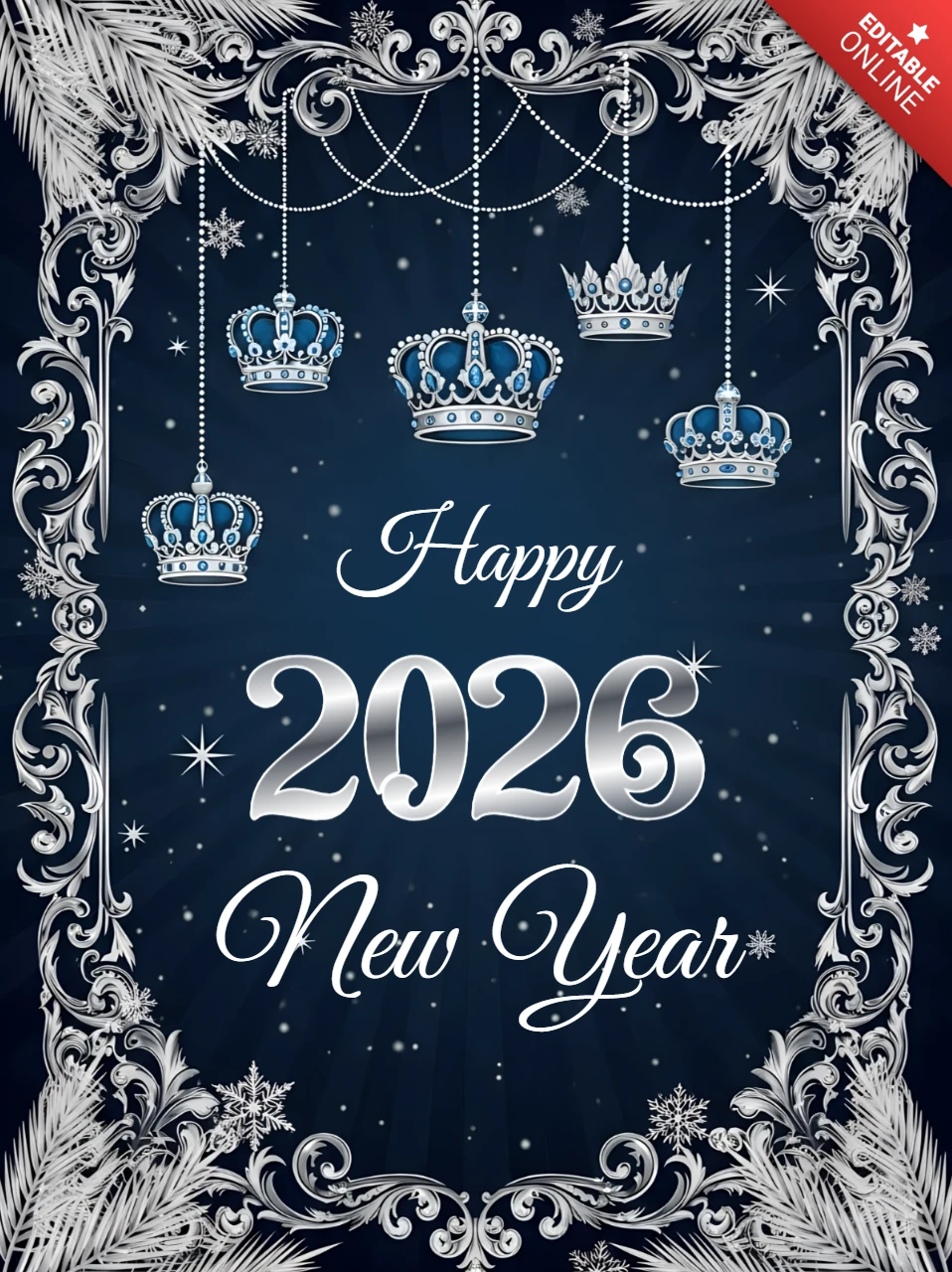 Elegante Neujahr 2026 Grußkartenvorlage mit königlichem Kronen-Design