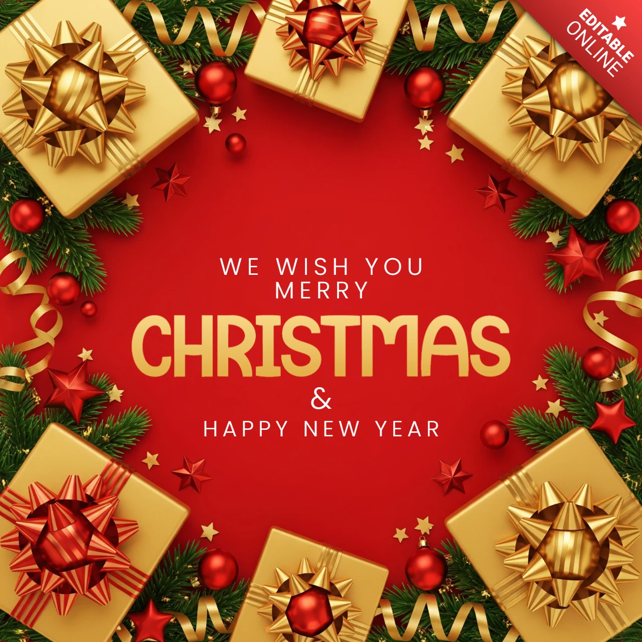 Kırmızı ve altın noel tebrik kartı, çam dalları, hediye kutuları, süs eşyaları ve kurdele detayları ile.